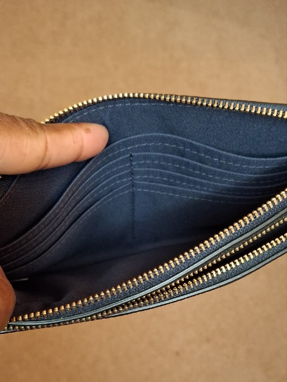 Coach Pebbled Leather Double Zip Wristlet in Navy with Gold Logo - Picture 4 of 5